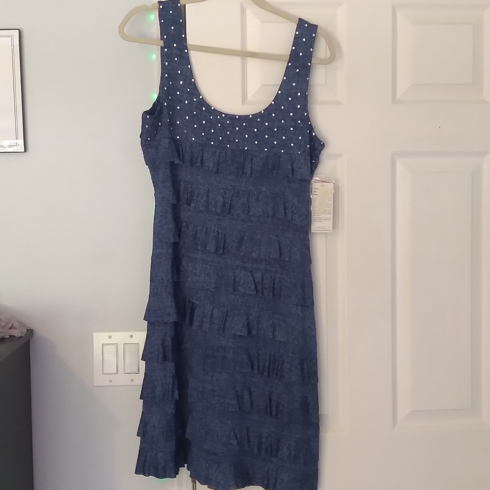 Blue Faux Denim Sleeveless Dress with Crystal Detail